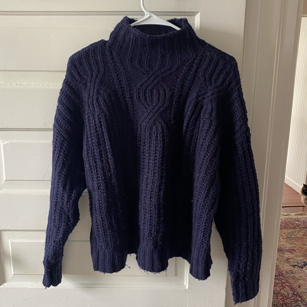 Aerie cable knit navy blue mock neck sweater